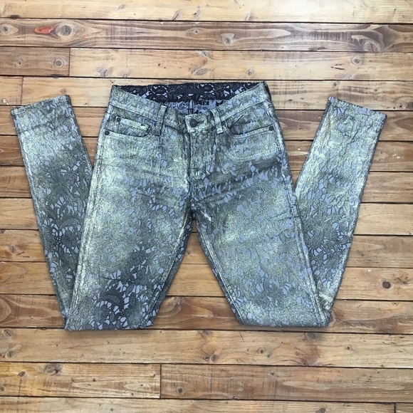 7 For All Mankind gold black jeans embroidered medium rise waist skinny size 26 - Picture 1 of 12